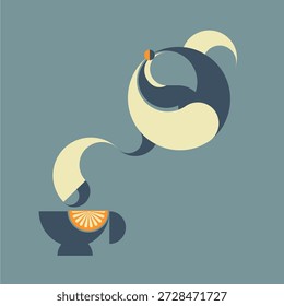 Té caliente con limón y un hervidor de agua. Emblema Art Deco.