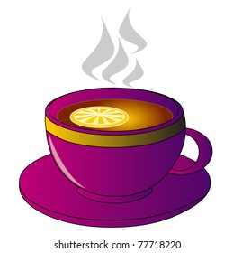 Hot tea with lemon in mug on white background.