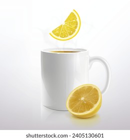 hot tea with lemon in a white mug on a light background