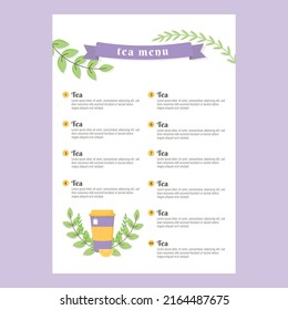 Plantilla gráfica del menú de té caliente. Té morado con plantas verdes, limón amarillo y carta de té.