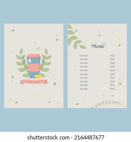 Hot tea menu graphic template. Blue and pink cup tea with green plants, yellow lemon, tea list and many scattered leaves.