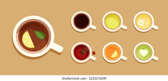 Hot tea menu in white cups. View from above. Set of different types: black, green, chamomile, red, lemon, matcha. Tea with lemon and mint. Vector illustration.