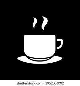 Hot tea mug dark mode glyph icon. Steaming drink in mug. Coffee with scent. Cafeteria menu beverage. Coffeeshop mocha. White silhouette symbol on black space. Vector isolated illustration