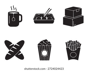 Hot tea in mug dumplings in container boxes baguettes popcorn and french fries simple vector graphics