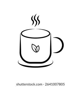 Hot Tea Mug Line Art Icon with Leaf. Minimalist line art illustration of a steaming hot tea mug with a delicate leaf design, perfect for wellness, cafe, or organic beverage concepts.
