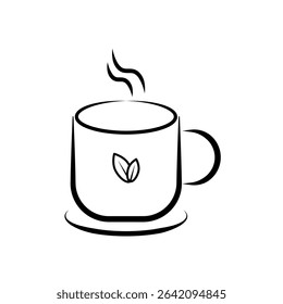 Hot Tea Mug Line Art Icon with Leaf. Minimalist line art illustration of a steaming hot tea mug with a delicate leaf design, perfect for wellness, cafe, or organic beverage concepts.