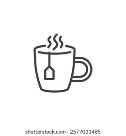 Hot Tea mug line icon. linear style sign for mobile concept and web design. A steaming cup with a tea bag outline vector icon. Health care symbol, logo illustration. Vector graphics