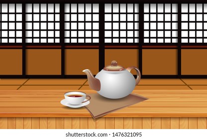 hot tea on the wooden table in japan room