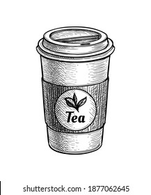 Hot tea. Paper cup with lid. label with text and leaves. Ink sketch isolated on white background. Hand drawn vector illustration. Retro style.