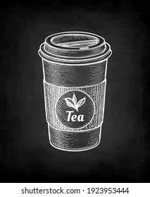 Hot tea. Paper cup with lid. label with text and leaves. Chalk sketch on blackboard background. Hand drawn vector illustration. Retro style.