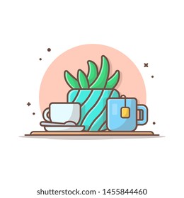 Hot Tea with Plant in Vase and Hot Coffee Vector Illustration. Chill Illustration. Talking and Break Time. Flat Cartoon Style Suitable for Web Landing Page,  Banner, Flyer, Sticker, Card, Background