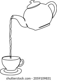 Hot tea poured from teapot into cup line art vector illustration