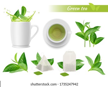 Hot tea realistic. Green leaves cups water splashes aromatic green tea tags vector advertizing set