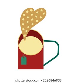 Hot tea in a red teacup with small stars, Christmas concept vector illustration