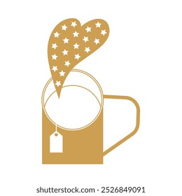 Heißer Tee in einer roten Teetasse mit kleinen Sternen, Weihnachtskonzept, Vektorgrafik. Schwarzweißstil