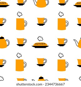 Hot tea seamless pattern in doodle style. Funny hand drawn seamless background with mug, cup, pie and kettle. Repeat vector illustration on white
