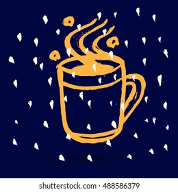 Hot tea with snow. Grunge vector Illustration. Christmas design for postcards, t-shirts, etc