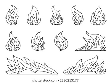 Hot temperature comic dangerous flame fires line icon. Cartoon fire contour flames. Campfire fiery outline set. Burning blazing wildfire, bonfires isolated on white background. Coloring book page