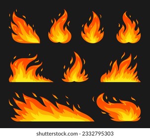 Hot temperature comic dangerous flame fires. Cartoon fire flames. Red campfire fiery flat silhouette set. Burning blazing wildfire, glow bonfire emoticon stickers isolated on black background