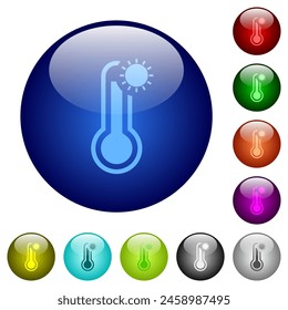 Heißtemperatur-Icons auf runden Glas-Buttonen in mehreren Farben. Angeordnete Schichtstruktur