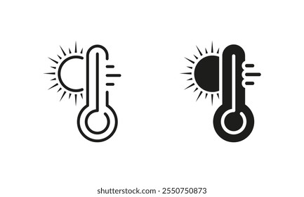 Hot Temperature Line and Silhouette Icon Set. Thermometer with Sun Pictogram, Heat Sunny Day. Global Warming Sign. Isolated Vector Illustration.