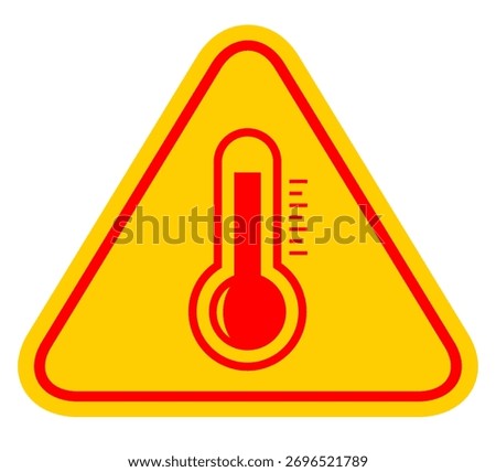 Hot temperature safety warning sign, overheating yellow danger emblem. Beware of hot surface, risk of burn scalding, keep away, be careful, pay attention. Superheat alert indicator, exploding hazard.