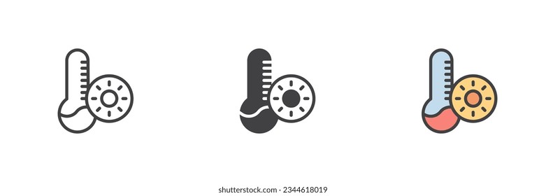 Thermometer mit heißer Temperatur, verschiedene Stilsymbol eingestellt. Linie, Glyph und gefüllte Umrissversion, Umriss und ausgefülltes Vektorzeichen. Symbol, Logo-Abbildung. Vektorgrafik