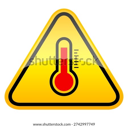Hot temperature warning sign isolated on white background. Triangle yellow caution symbol of extremely high temperature, beware of scalding, temp raises to boiling point, device overheating, damage or exploding hazard. Red alarm pictogram of danger thermal conditions, overheated computer cpu, pc overloading or overclocking. Abstract web design element for air con, cooling system, ac thermostat, too hot radiator equipment etc.