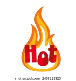 Hot text in fire, cartoon spicy food menu sticker. Hot chili pepper stamp for pungent dish of Mexican or Asian traditional cuisine, cartoon typographic label burning in gold flame vector illustration