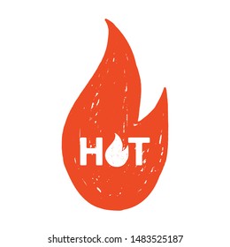 Hot. Text on fire silhouette. Hand drawn rough flame illustration. Print sign for t shirt, poster, textile, cup