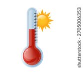 Hot thermometer 3D isolated on white background. Temperature icon. High temperature icon with sun. Element for websites, logo, weather forecast.  Red thermometer. Vector illustration.