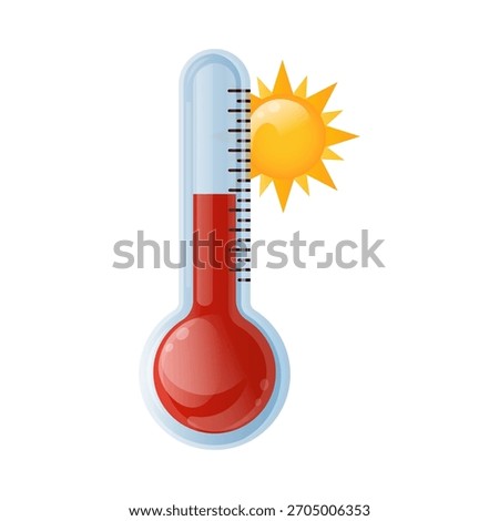 Hot thermometer 3D isolated on white background. Temperature icon. High temperature icon with sun. Element for websites, logo, weather forecast.  Red thermometer. Vector illustration.