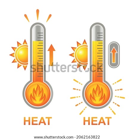 Hot thermometer with fire flame, high heat temperature, extreme overheating icon set. Glass mercury bulb with measuring sсale, sun. Warm summer weather. Temp gauge indicator or control heating. Vector
