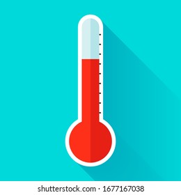 Hot Thermometer in flat style, high
temperature, design object on color background. Vector design element 