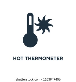 Hot Thermometer icon. Black filled vector illustration. Hot Thermometer symbol on white background. Can be used in web and mobile.