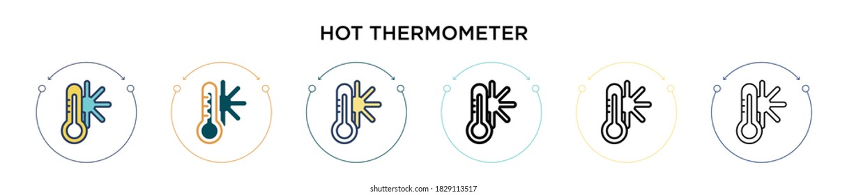 Hot thermometer icon in filled, thin line, outline and stroke style. Vector illustration of two colored and black hot thermometer vector icons designs can be used for mobile, ui, web