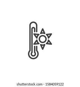 Hot thermometer line icon. linear style sign for mobile concept and web design. Mercury thermometer and sun outline vector icon. Heating system symbol, logo illustration. Vector graphics