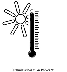Termómetro caliente con un sol de estilo blanco y negro. Meteorología de termómetros meteorológicos de temperatura, icono de vector plano del dispositivo termostato de control temporal. Termómetros médicos