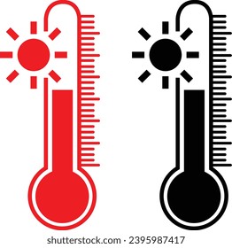 Hot thermometer with sun icon. Weather thermometer black vector illustration