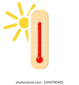 Hot thermometer with a sun. Temperature weather thermometers meteorology, temp control thermostat device flat vector icon. Medical thermometers