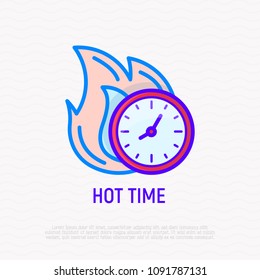 Hot time: clock in fire thin line icon. Modern vector illustration of sale, deal.