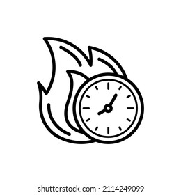 Hot time: clock in fire thin line icon. Modern vector illustration of sale, deal.