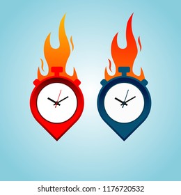 Hot time place logo concept with fire isolated on blue background. Point marker with timer logo concept. Quick delivery design. Vector illustration EPS 10.