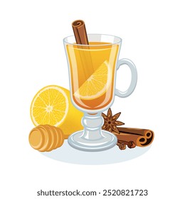 Hot Toddy Cocktail with lemon, honey, cinnamon vector illustration. Hot Toddy drink with with whiskey, water, spices icon vector isolated on a white background. Hot toddy warming drink drawing