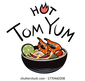 Hot Tom Yum Goong or Khung sour and spicy soup Traditional asian dish. Thai Food Vector illustration