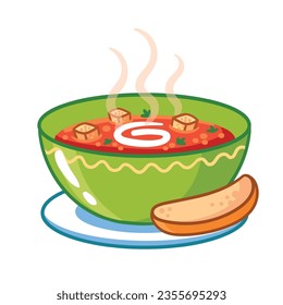 Sopa de tomate caliente en un bol de servido con un pedazo de pan. Ilustración vectorial con sopa vegetal, borsch, gazpacho sobre fondo blanco.