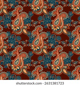 Hot tone color paisley seamless pattern. Vector illustration Bohemian style on floral and leaf on brown background. Design for background, wallpaper, textile, fabric and decoration.