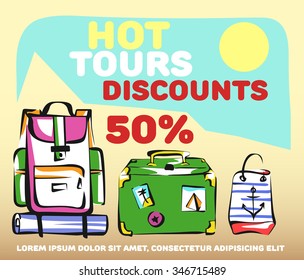 Hot tour advertising concept. Vector trip sale banner