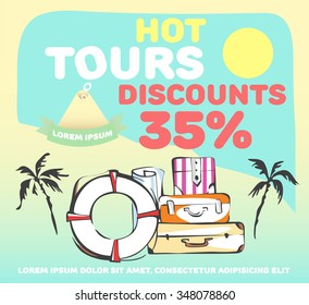 Hot tour advertising concept. Vector trip sale banner