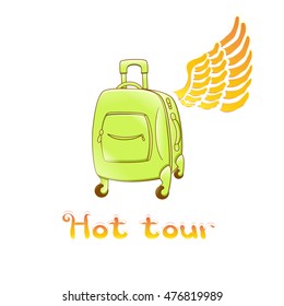 Hot Tour Icon. Suitcase with a wing. Time to travel. 